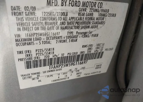 2009 Ford Taurus Limited z USA, uszkodzony, nr VIN 1FAHP25W59G116697